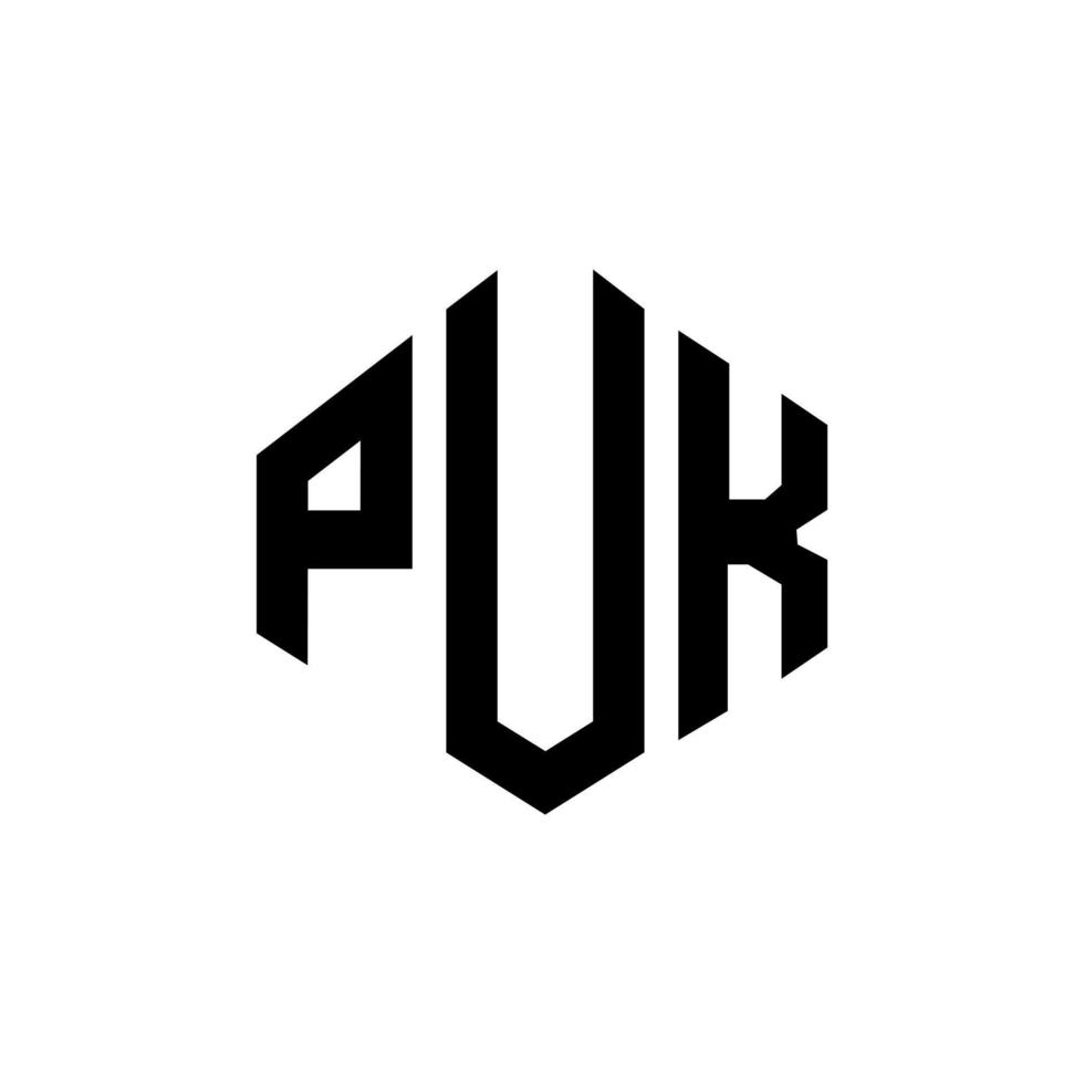 design de logotipo de carta puk com forma de polígono. puk polígono e design de logotipo em forma de cubo. puk hexágono modelo de logotipo de vetor cores brancas e pretas. puk monograma, logotipo de negócios e imóveis.