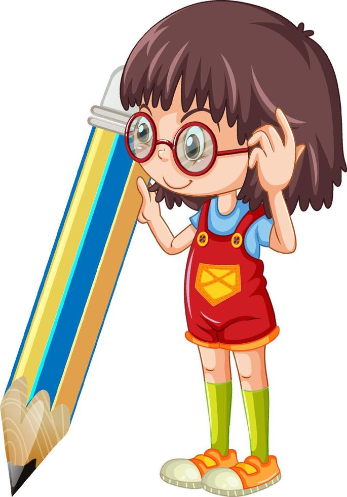 menina segurando o personagem de desenho de lápis no fundo branco vetor