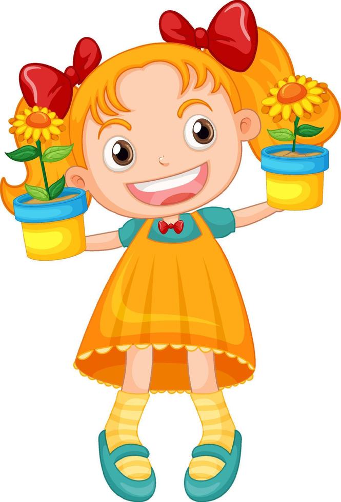 menina bonitinha segurando o vaso de flores vetor