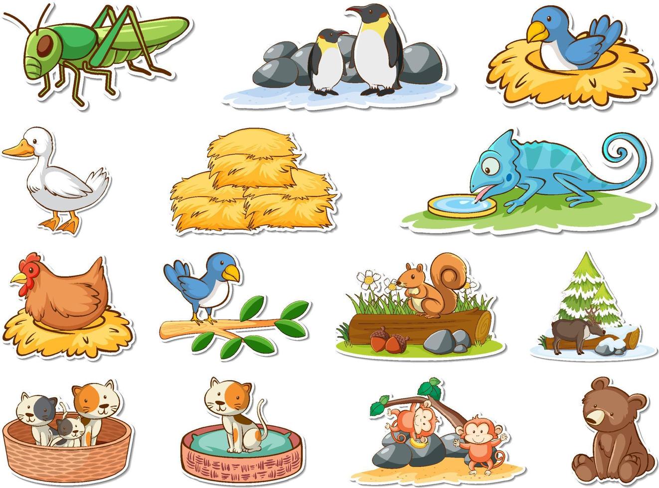 conjunto de adesivos de animais selvagens de desenho animado vetor