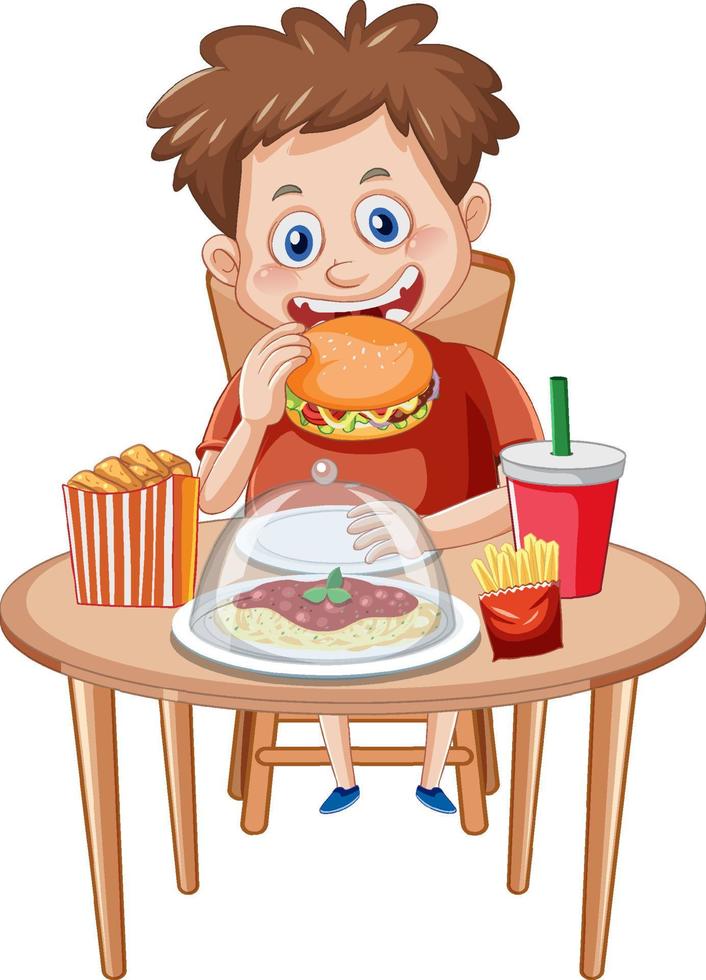 um menino desfrutando de refeição de junk food na mesa vetor