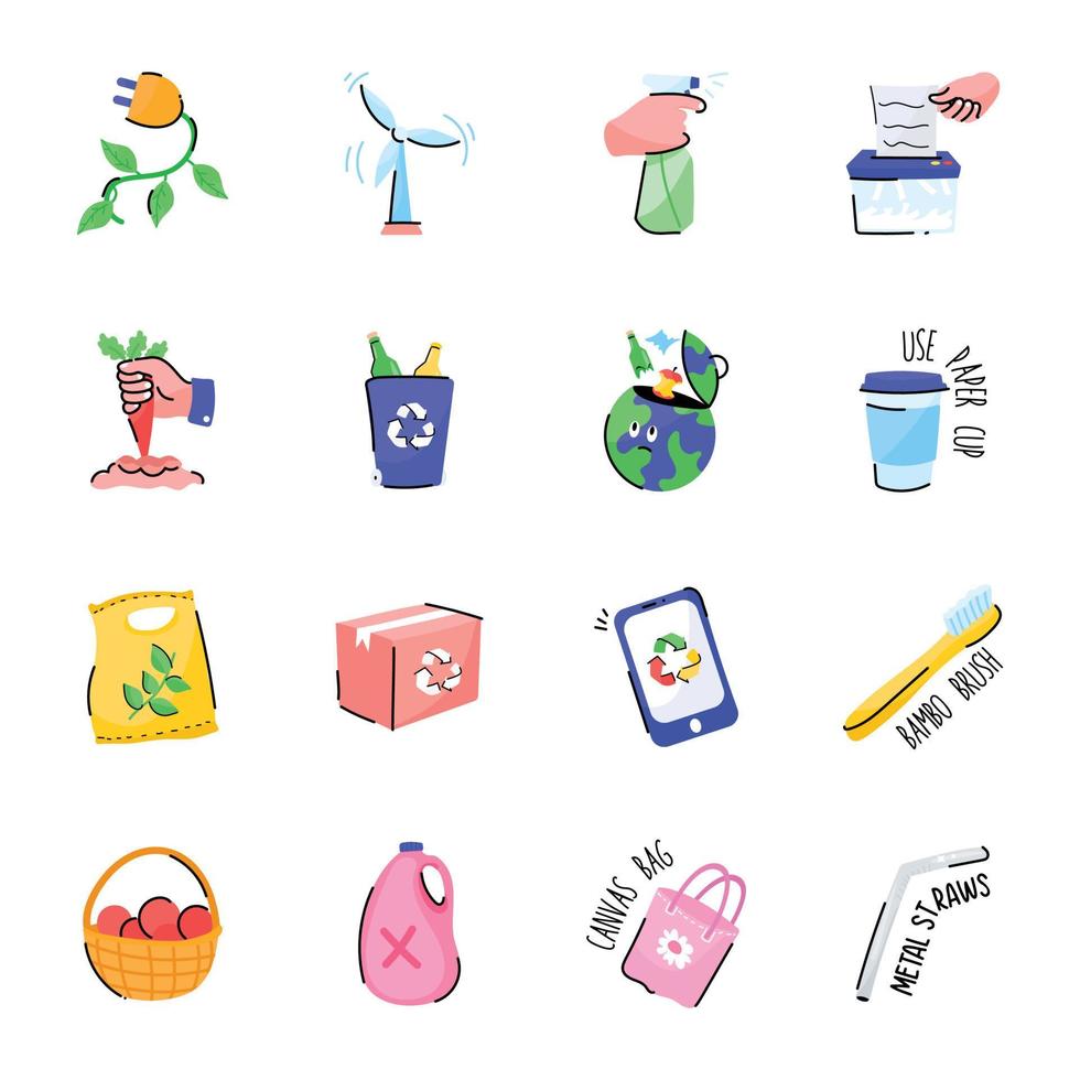 pacote de adesivos de doodle de reciclagem ecológica vetor