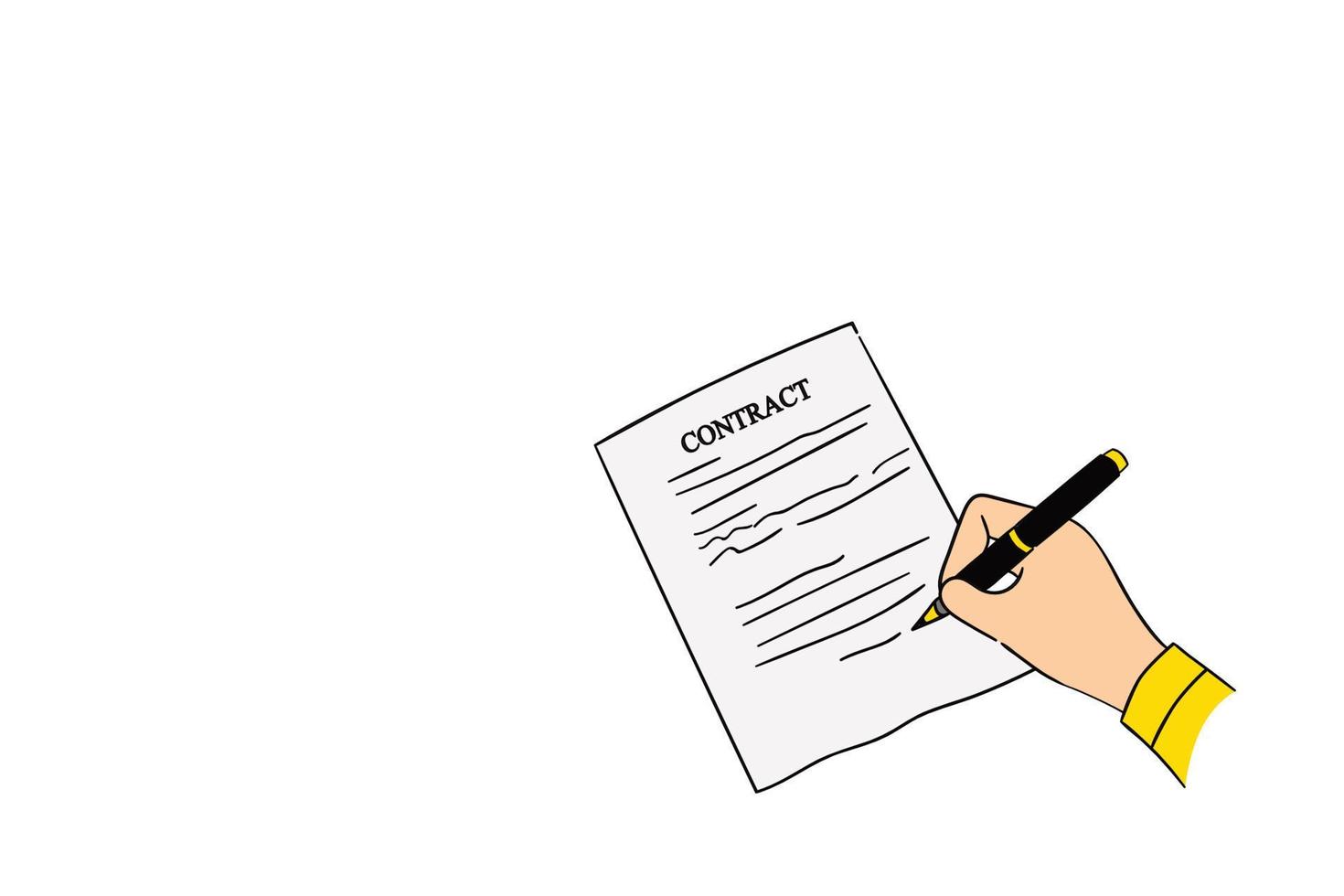 mão desenhada de mão segurando a caneta assinando a ilustração de design de contrato vetor