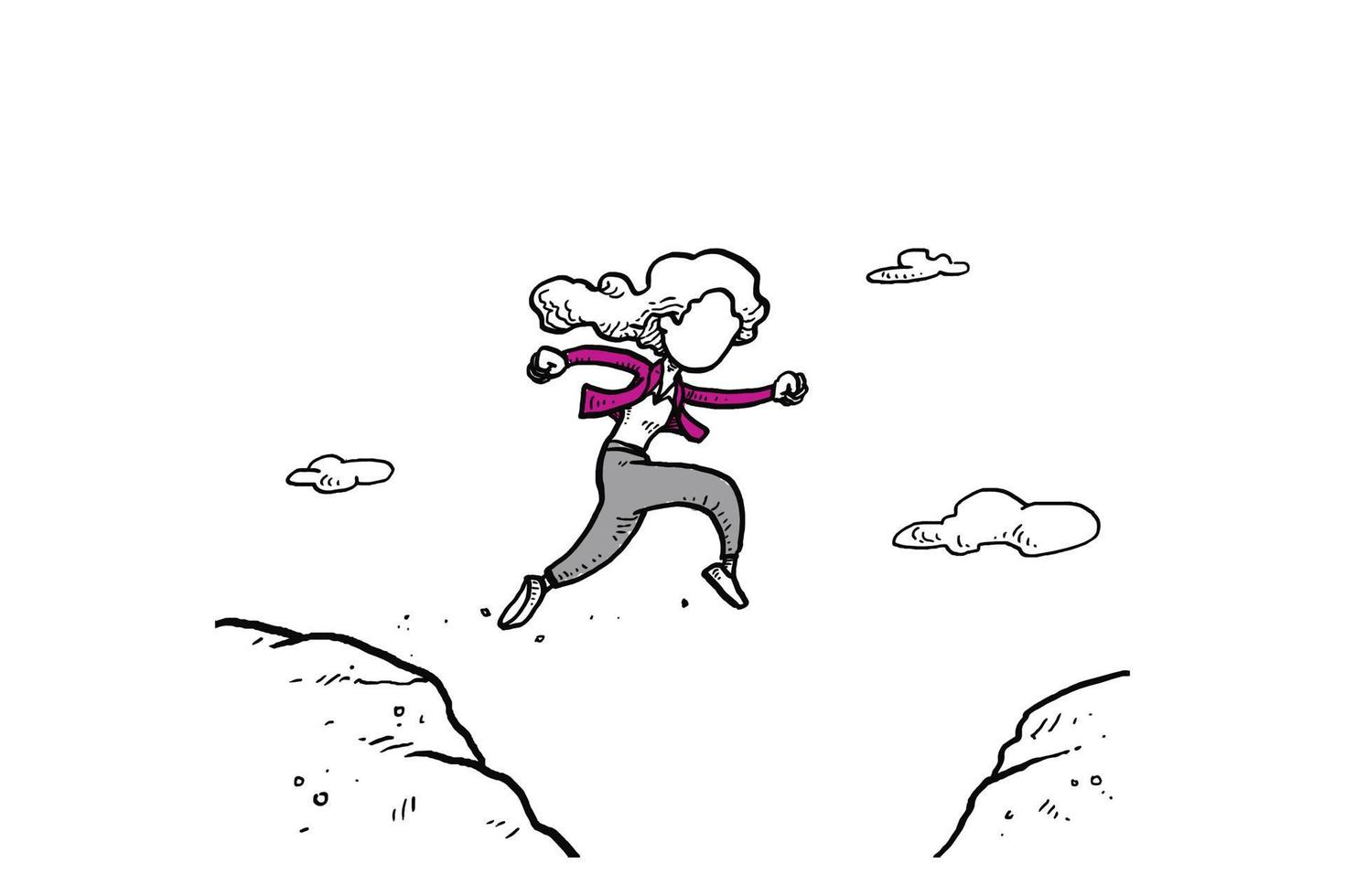 mulher salta pelo fosso entre colina., salta sobre o penhasco. design de ilustração vetorial desenhado à mão vetor