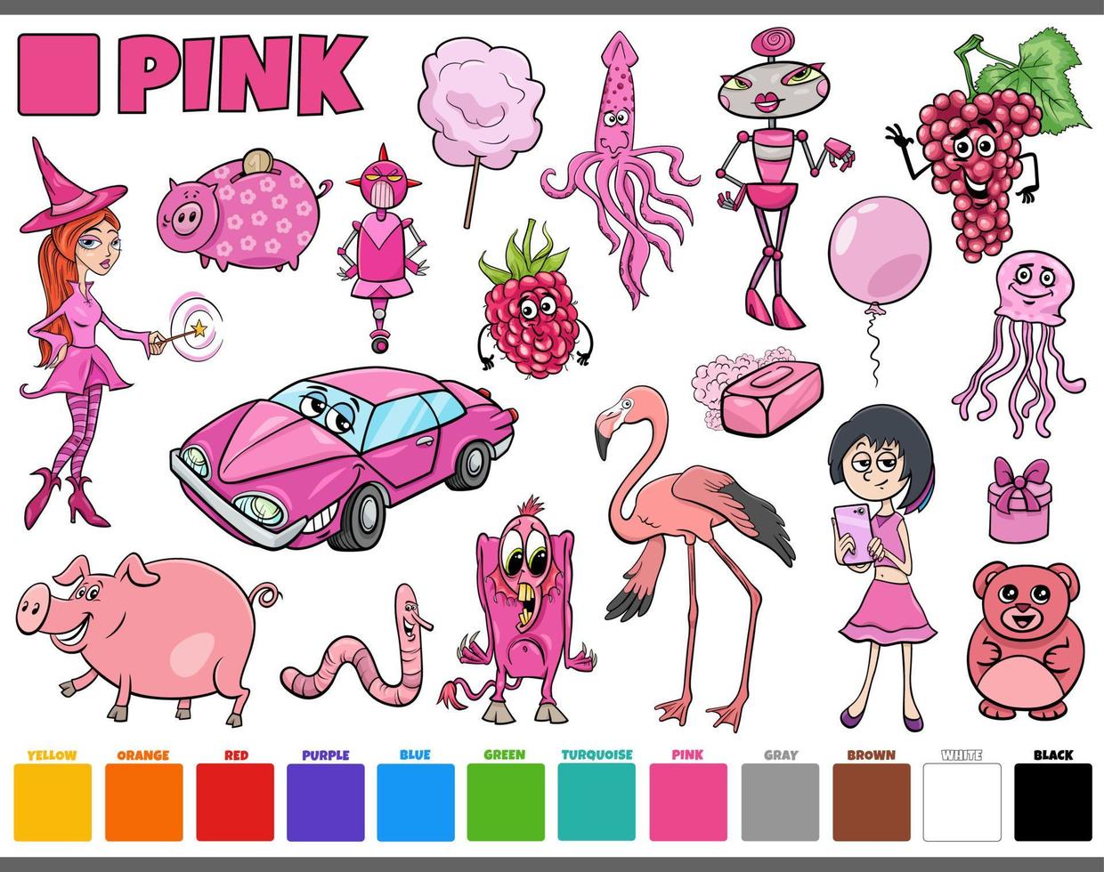 conjunto com personagens de desenhos animados e objetos em rosa vetor