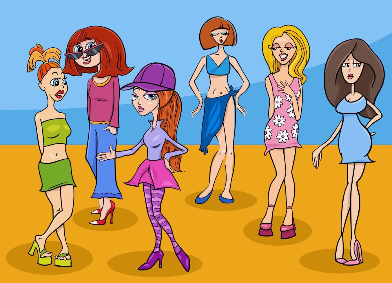 grupo de personagens de meninas ou mulheres engraçadas dos desenhos animados vetor