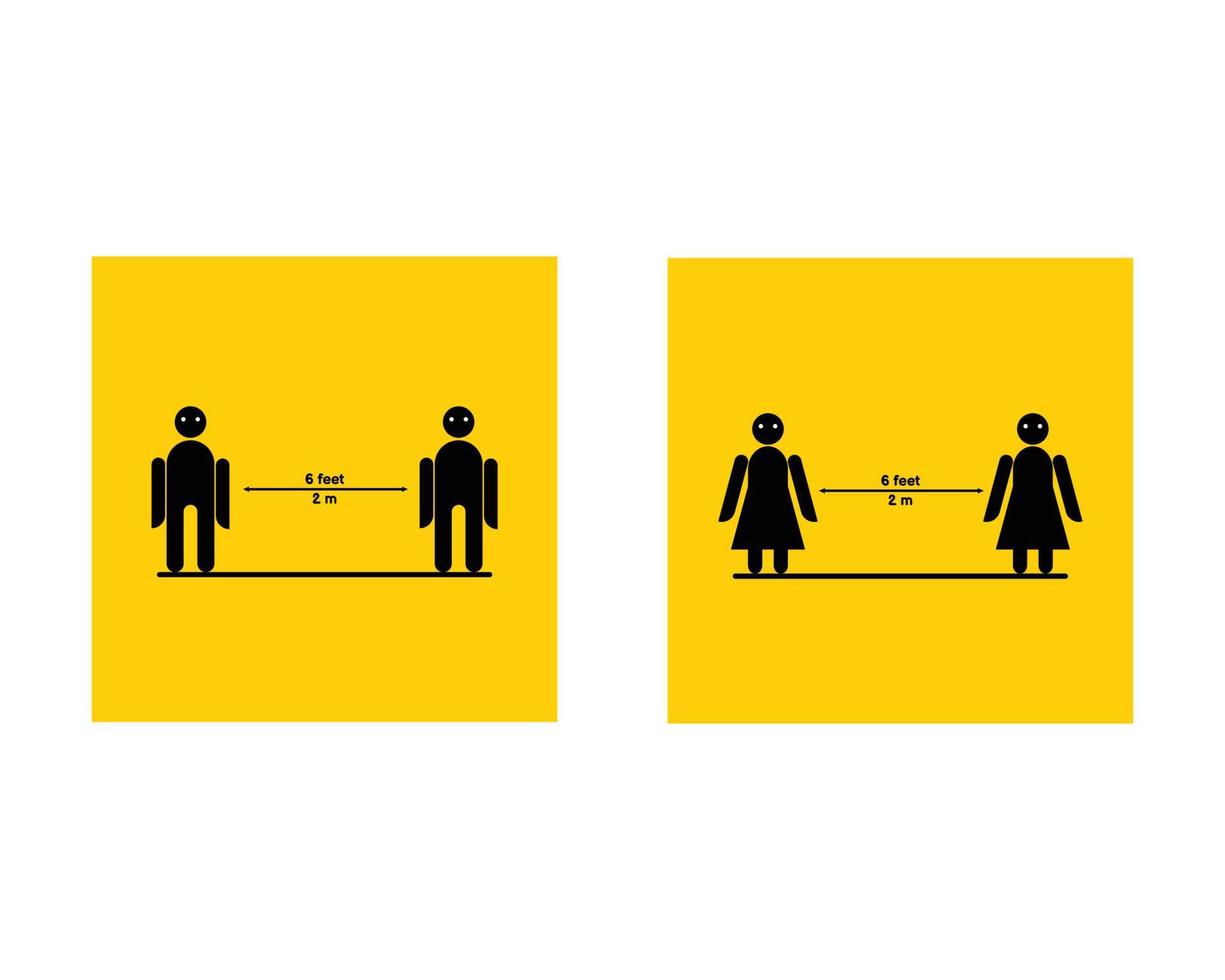 definir o distanciamento social. mantenha sua distância de 6 pés, sinais de ícone de mulher e homem, mantenha distância de 6 pés, fundo amarelo. para marcação de pisos ou paredes. illastation vetorial vetor