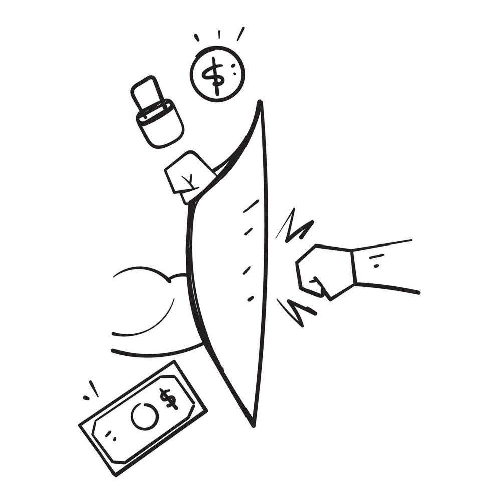 escudo de soco de mão de doodle desenhado à mão com símbolo de dinheiro para proteção econômica garantida vetor