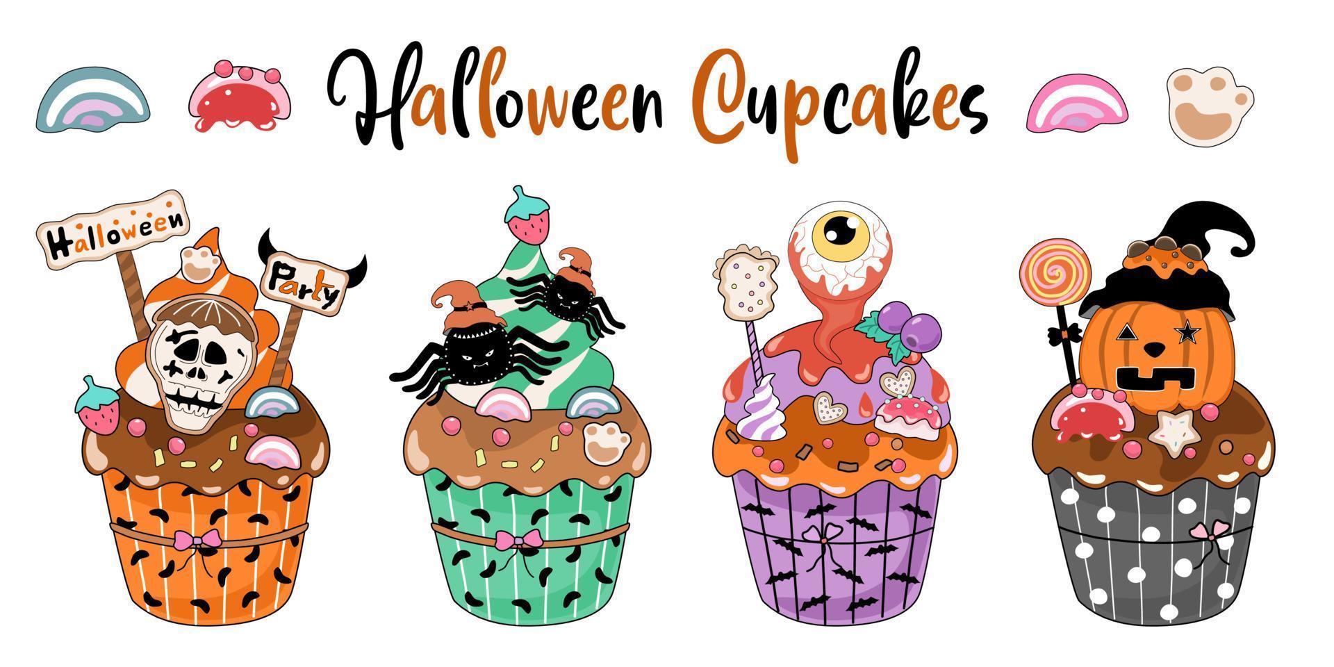 cupcakes de halloween projetados em estilo doodle em fundo branco. ótimo para decorar temas de halloween, cartões, designs de camisetas, almofadas, adesivos, impressões digitais e muito mais. vetor