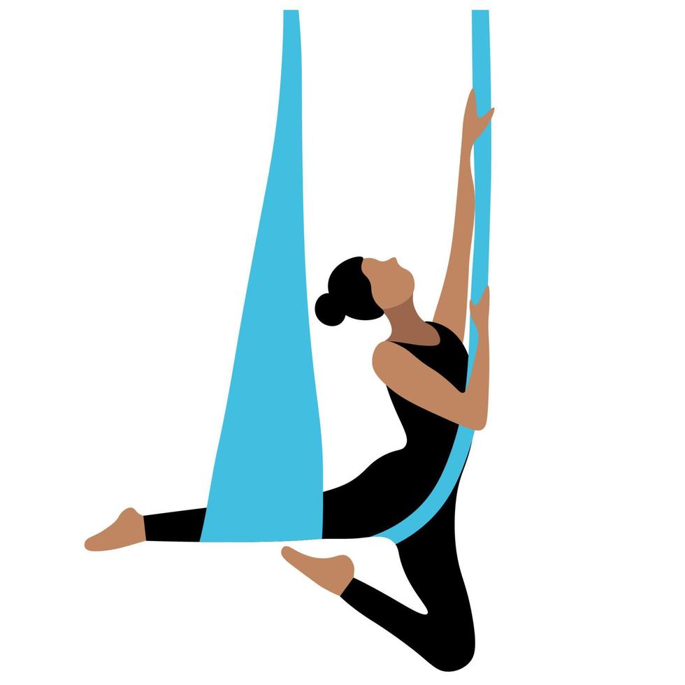 voar yoga, garota indiana fazendo alongamento na rede, isolado no branco, vetor plano, estilo de vida saudável
