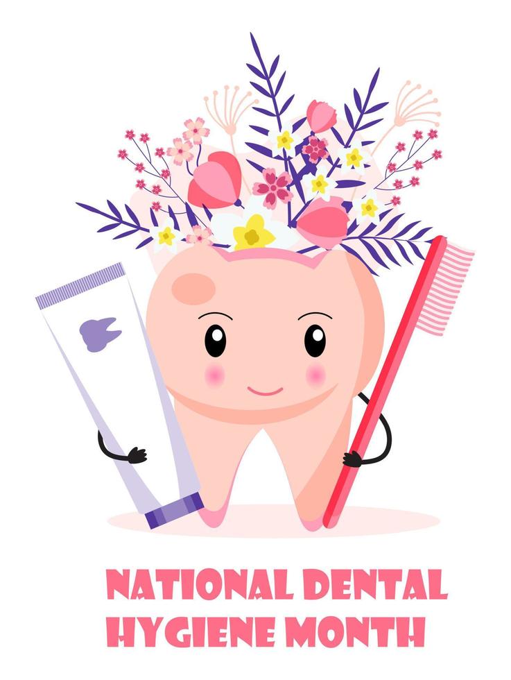 mês nacional da higiene dental comemorado em outubro. dente bonito está sorrindo e segurando pincel e tubo de pasta. conceito de vetor de serviço de dentista