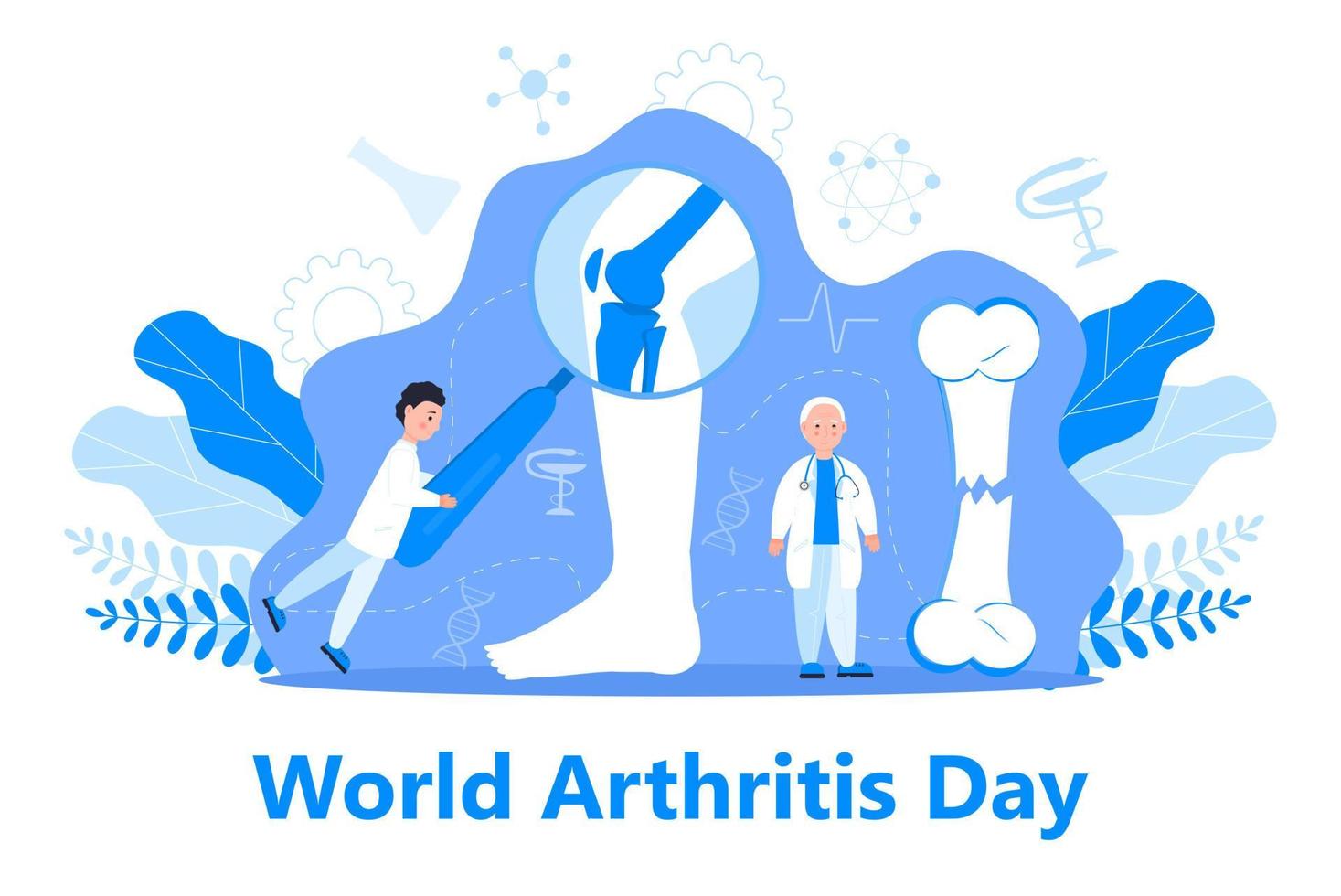 dia mundial da artrite em outubro. médicos minúsculos tratam reumatismo, osteoartrite. vetor de conceito plano de saúde no fundo azul