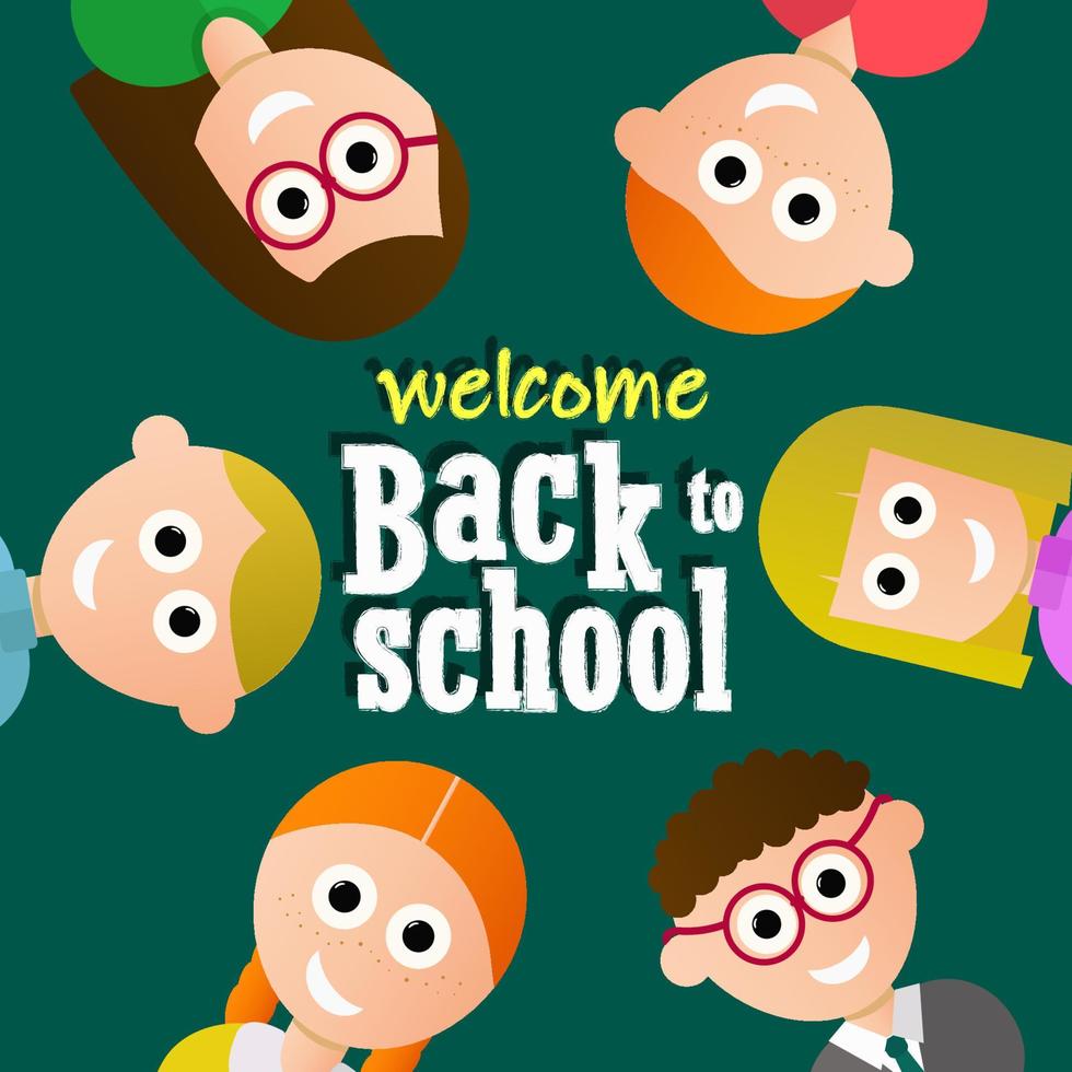 bem-vindo de volta ao cartaz da escola com crianças felizes no fundo verde. design gráfico. vetor