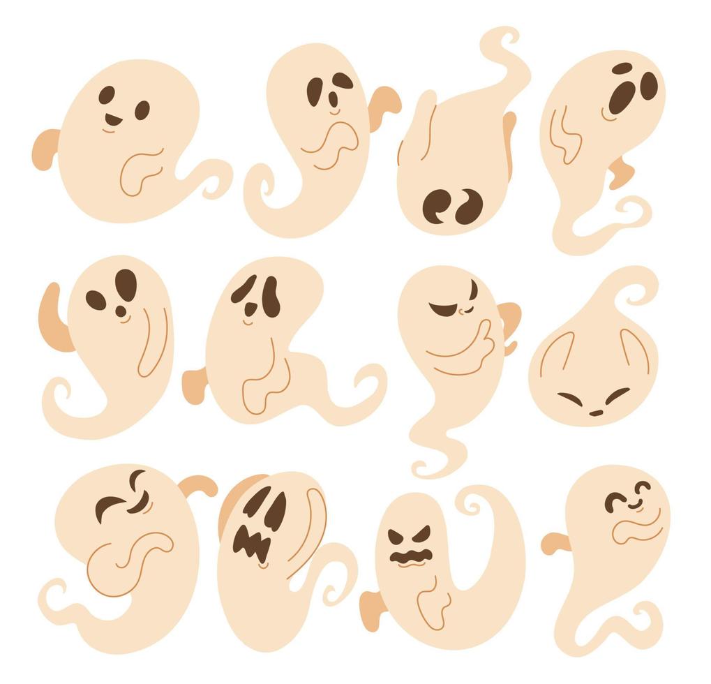 conjunto desenhado à mão de elementos de personagem de objetos fantasma assustadores bonitos de halloween, pacote de coleções de ilustração vetorial conjunto com caráter estético vetor