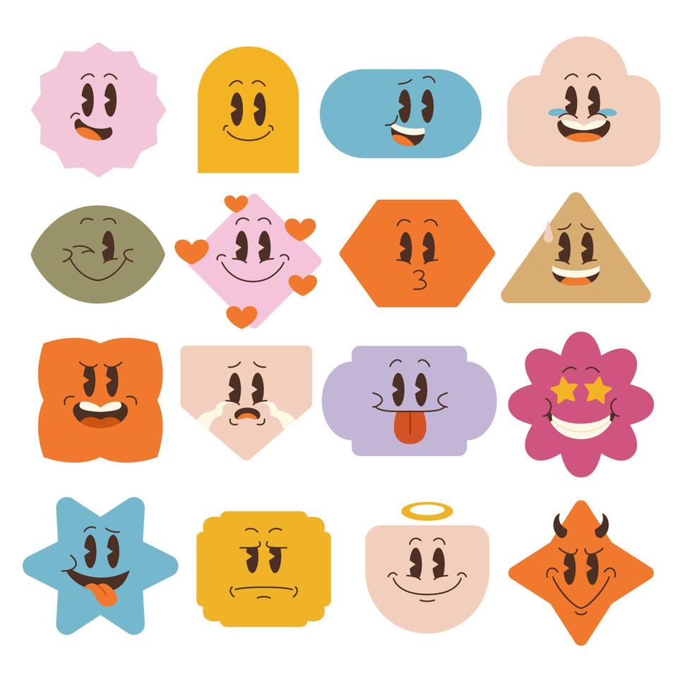 adesivos de hippie retrô hippie de arte de linha, elementos de pacote de conjunto psicodélico groovy. etiqueta de etiqueta de ícones vintage bonitos no estilo dos anos 70, 80, 90. ilustração plana, modelos de design de emoji emoticon. vetor