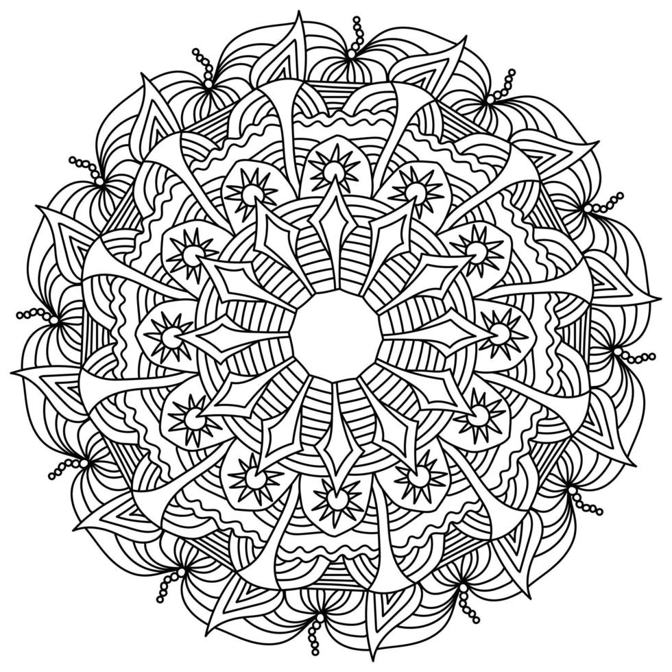 desenho de mandala de contorno com doze raios, padrões zen e cachos, fantasia doodle floco de neve floco de neve para colorir vetor