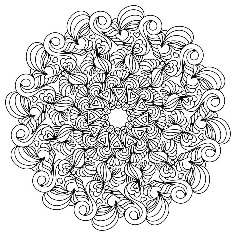 desenho de mandala anti-stress simétrica com redemoinhos e corações, zen ornamentado vetor