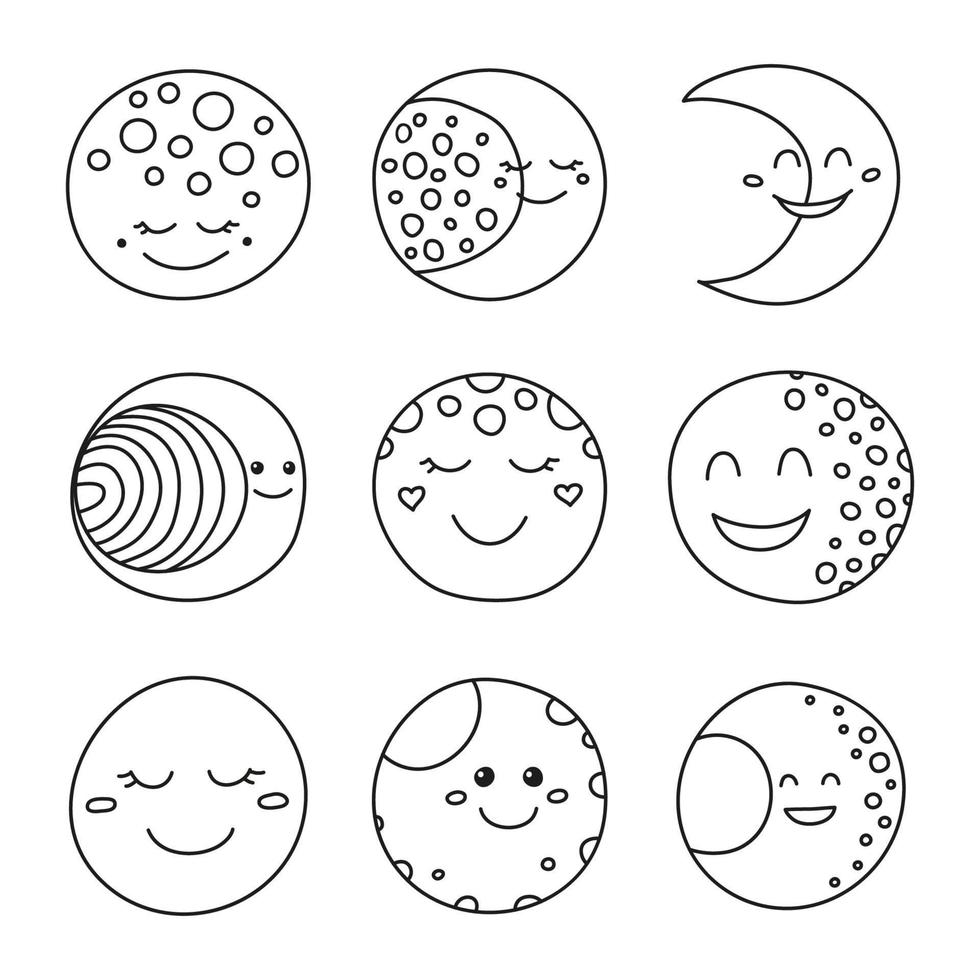 conjunto de ícones de personagem feliz doodle contorno lua isolados no fundo branco. vetor