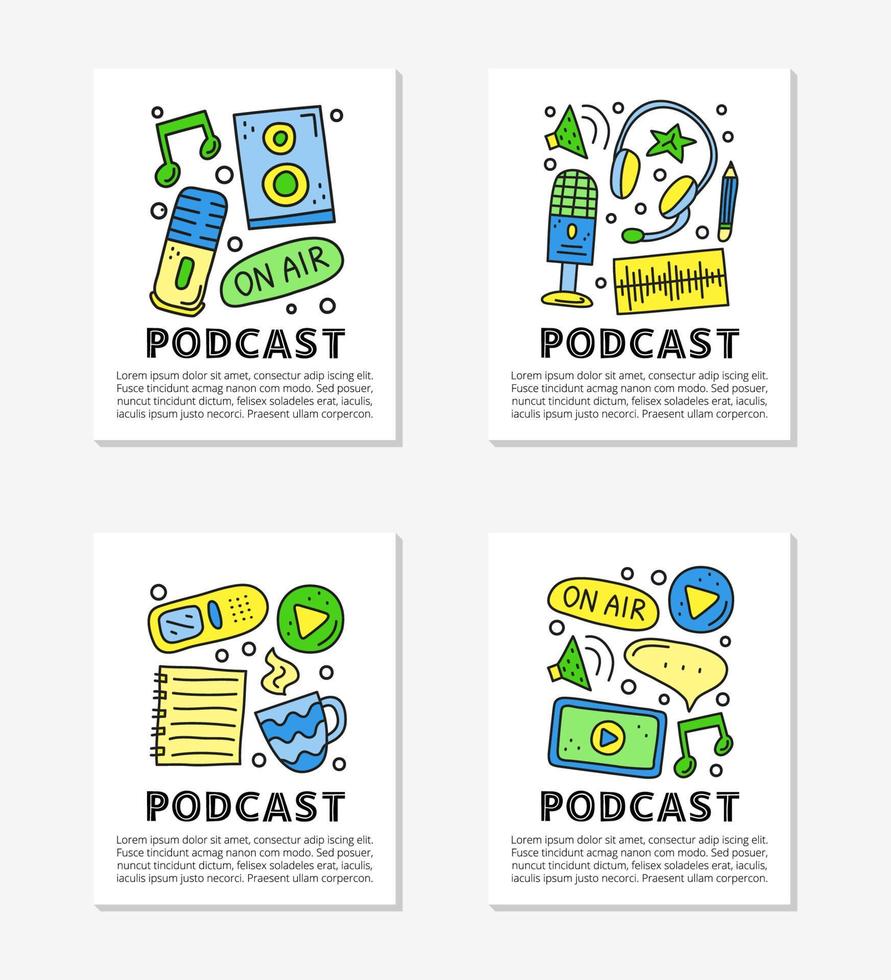 cartões com letras e ícones de podcast coloridos doodle, incluindo notas, tablet, fones de ouvido, microfone, gravador de voz, botão play, alto-falante, balão, etc isolado em fundo cinza. vetor