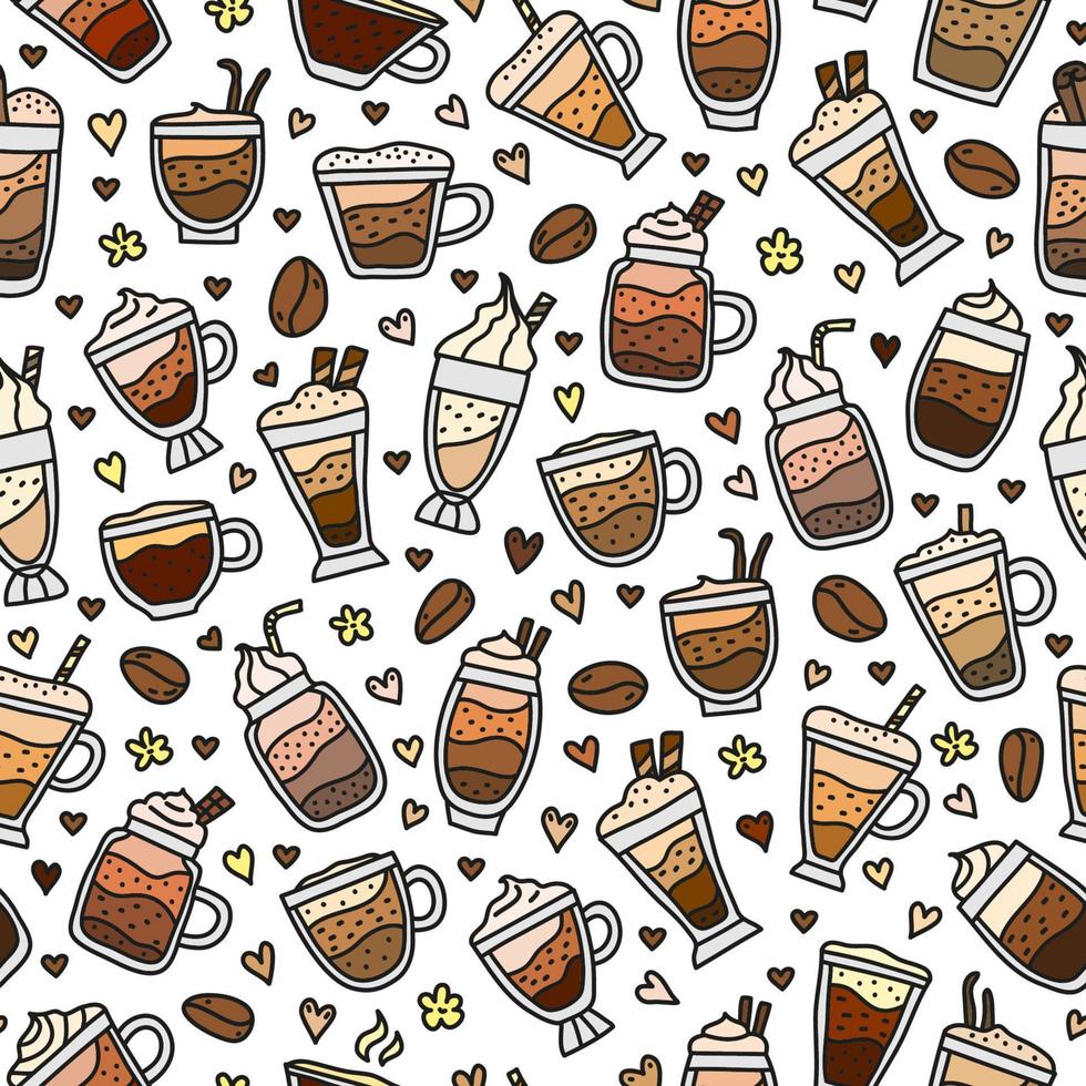 sem costura padrão com bebidas de café colorido doodle, feijão, flores e corações. vetor