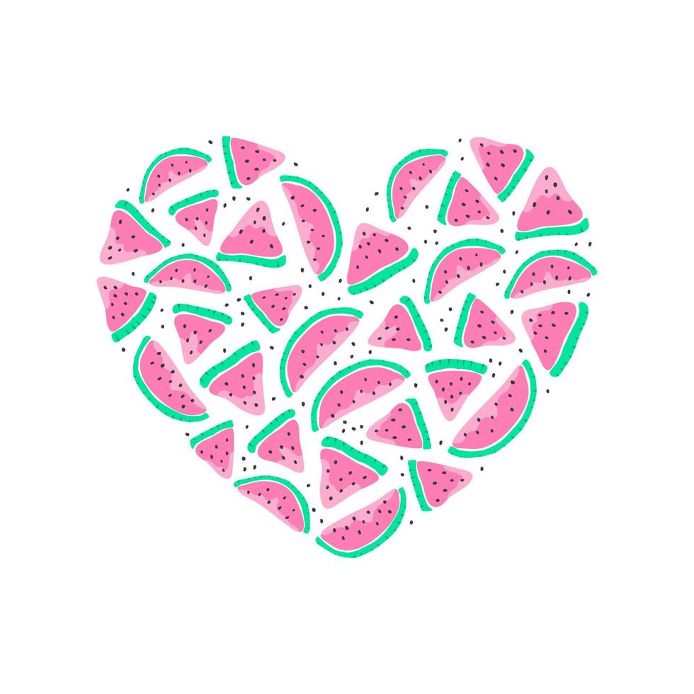 fatias de melancia doodle colorido bonito e sementes compostas em forma de coração. vetor
