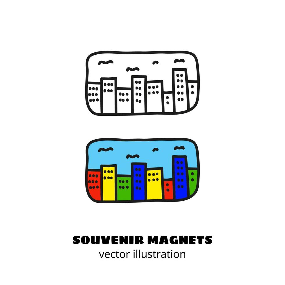 esboço de doodle e ímã de lembrança colorida ou adesivo com arranha-céus da cidade isolados no fundo branco. vetor