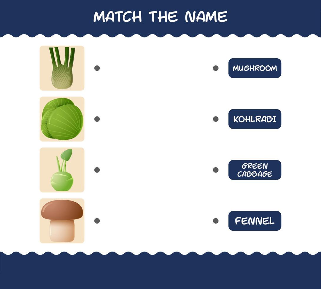 combinar com o nome de vegetais de desenho animado. jogo de correspondência. jogo educativo para crianças e bebês da pré-escola vetor