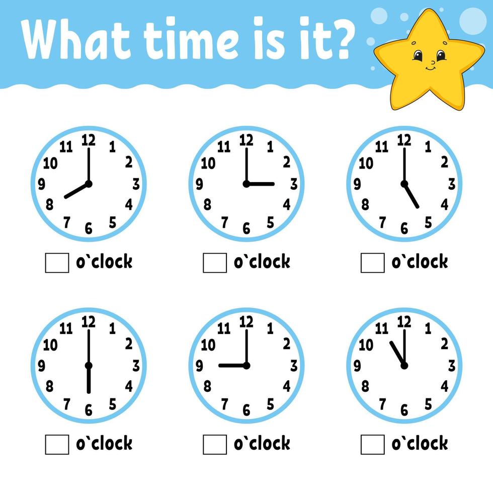 tempo de aprendizagem no relógio. planilha de atividades educacionais para crianças e bebês. jogo para crianças. ilustração vetorial simples plana isolada cor no estilo bonito dos desenhos animados. vetor