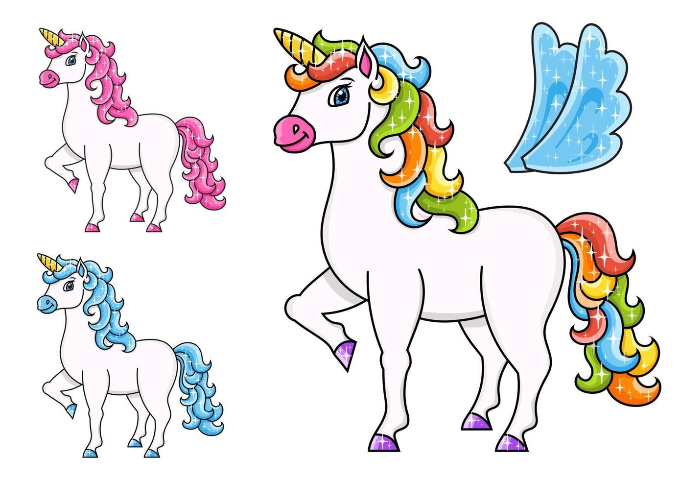 unicórnio fofo com asas. cavalo mágico de fadas. Personagem de desenho animado. ilustração vetorial colorida. isolado no fundo branco. elemento de design. vetor