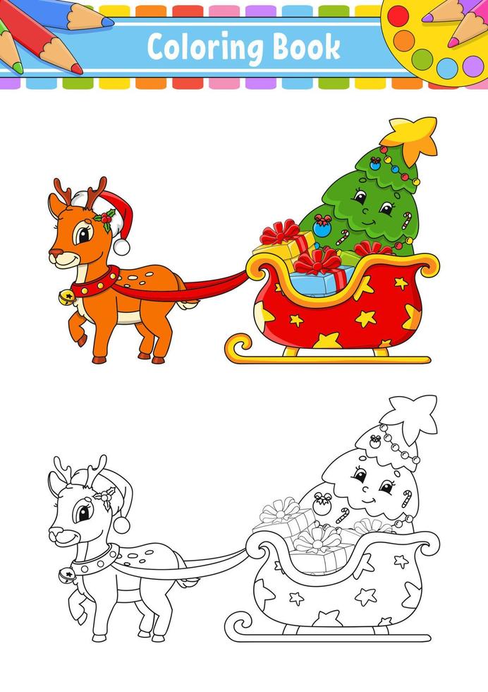trenó de Papai Noel. cervos de inverno. tema de natal. página do livro para colorir para crianças. estilo de desenho animado. ilustração vetorial isolada no fundo branco. vetor