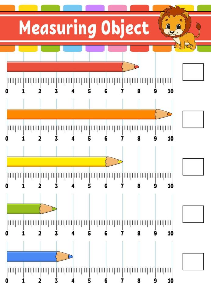objeto de medição com régua. planilha de desenvolvimento de educação. jogo para crianças. página de atividade de cor. quebra-cabeça para crianças. personagem fofo. ilustração vetorial. estilo de desenho animado. vetor