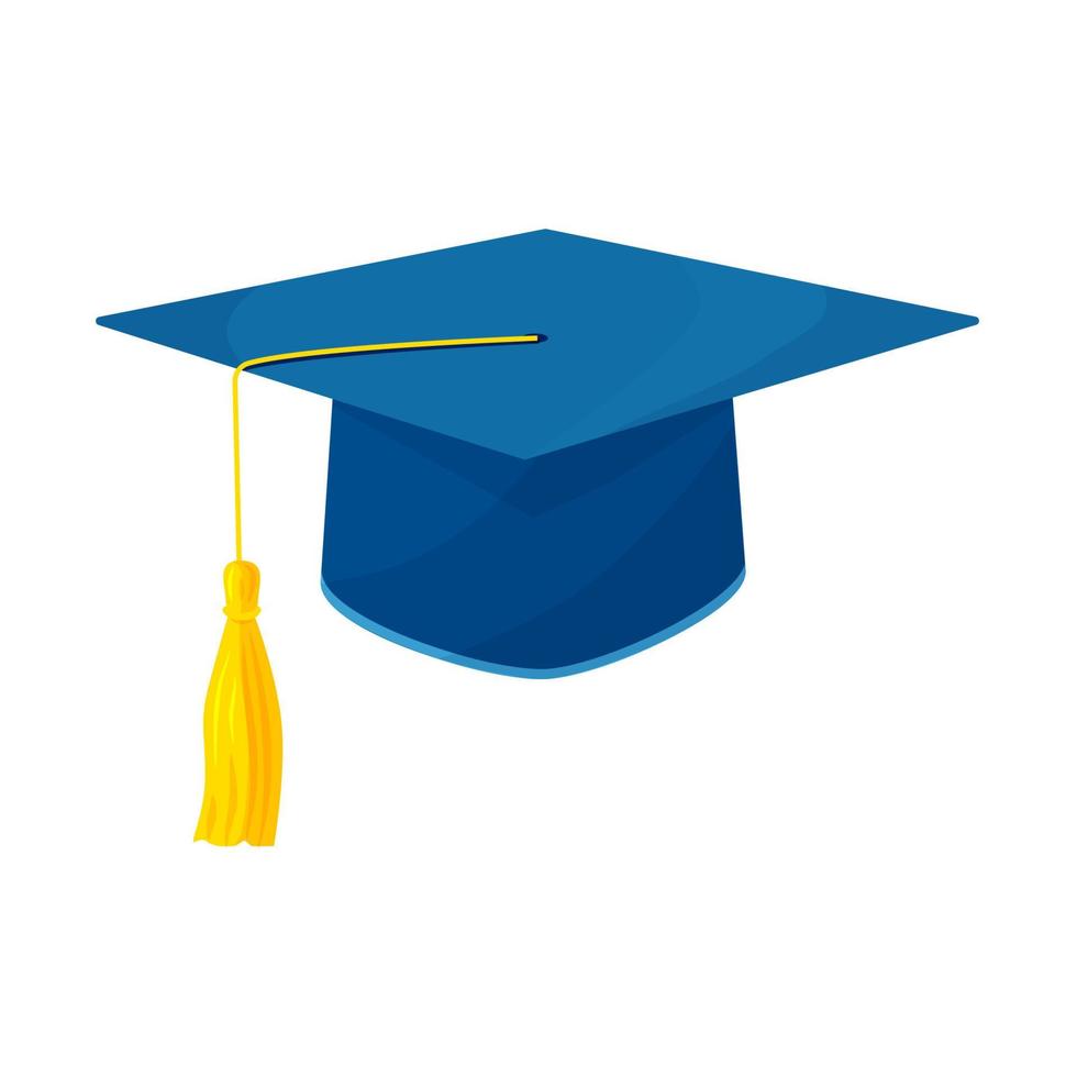 faculdade de pós-graduação, escola ou boné universitário isolado no branco. chapéus de cerimônia de grau de ouro e azul vetor. símbolos de estudante educacional vetor