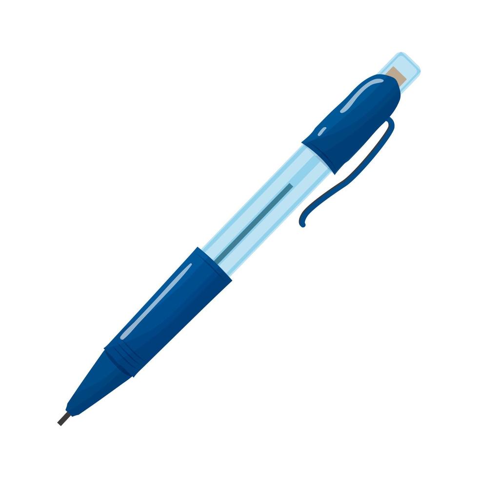 caneta mecânica azul ou lápis com ícone de ilustração vetorial plana de plástico transparente isolado no fundo branco. vetor