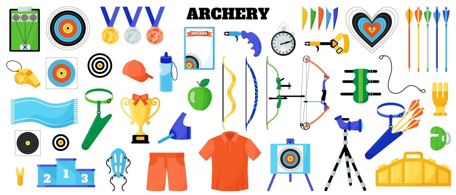 conjunto de equipamentos esportivos de tiro com arco. arco, flecha, alvo, corda, luva, cinto, proteção etc. jogos de verão vetor