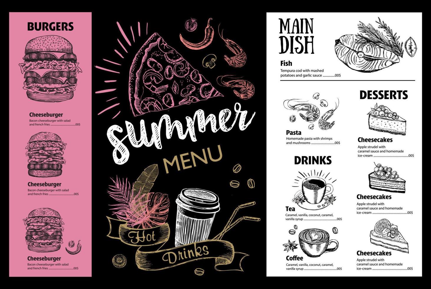 design de menu de comida de restaurante. menu de verão, ilustrações desenhadas à mão. folheto de comida vetorial. vetor