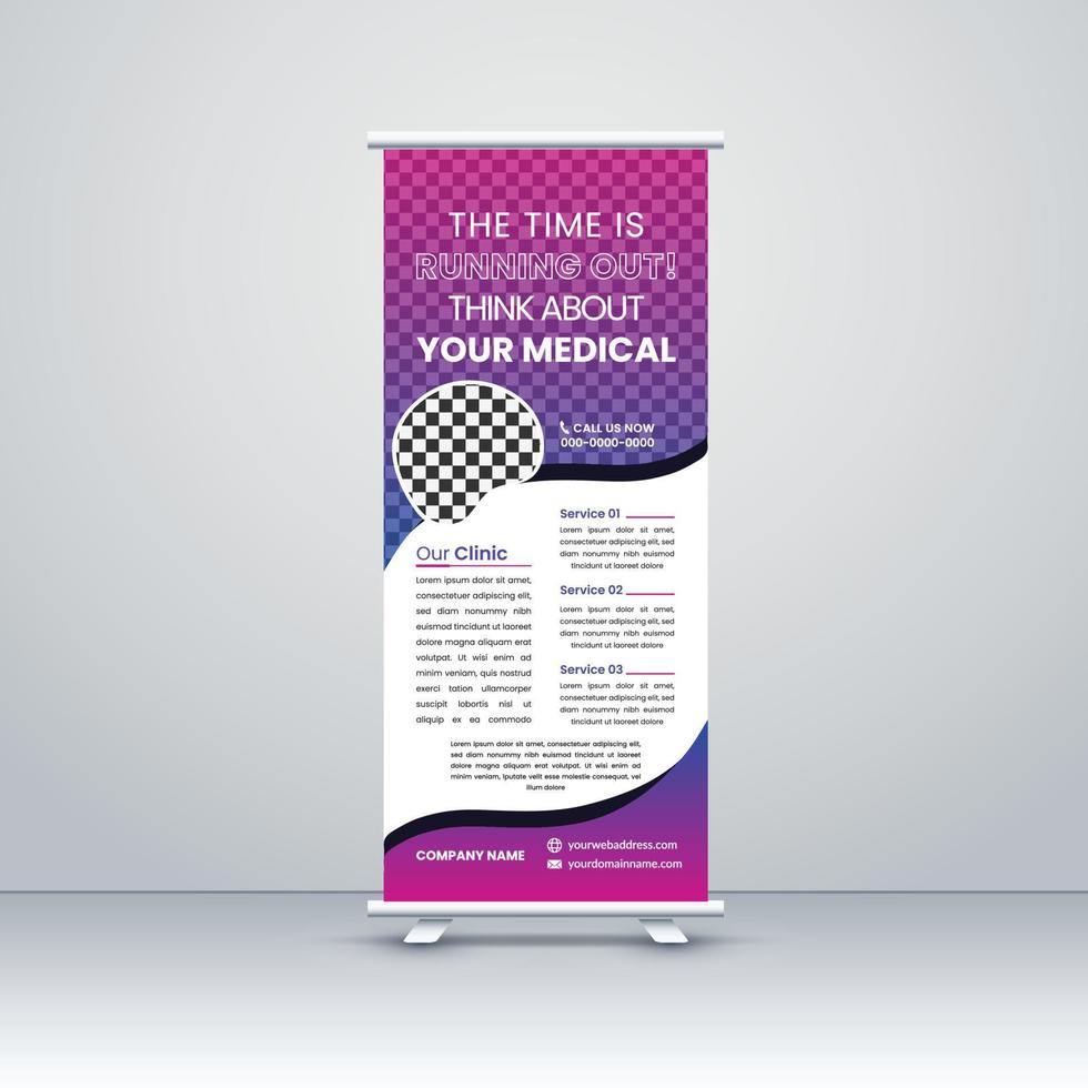 modelo de design de banner de saúde e médico, estande universal para a conferência, exposição de banner promocional, impressão, apresentação para o seminário. vetor