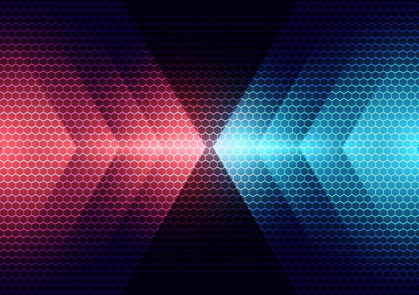 tecnologia abstrata conceito futurista setas de luz vermelha e azul no fundo do padrão de hexágonos vetor