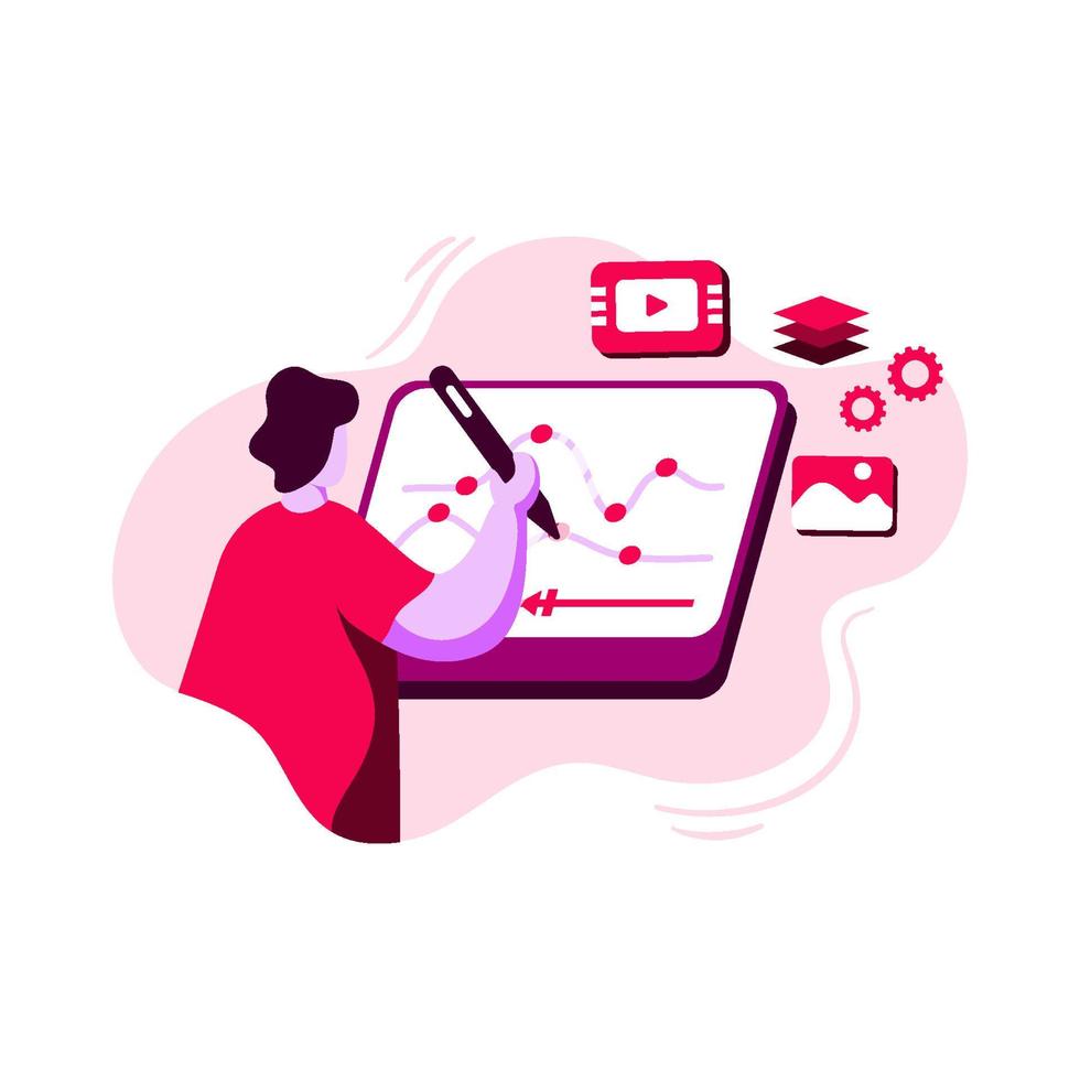 vetor de ilustração de ícone de edição de quadro-chave para editor de vídeo, conceito de homem fazendo animação na frente da tela do computador usando lápis, perfeito para ui ux, aplicativo móvel, web de página de destino, folheto