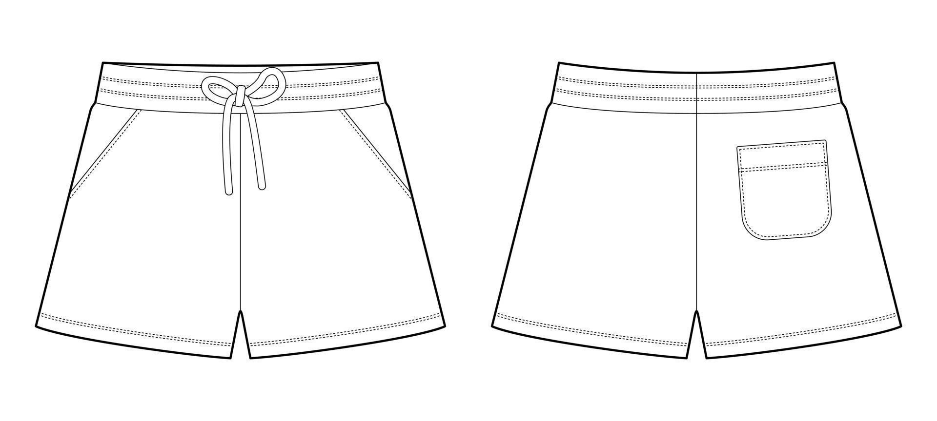 modelo de design de calças curtas de esboço técnico. shorts casuais com bolsos e renda. vetor