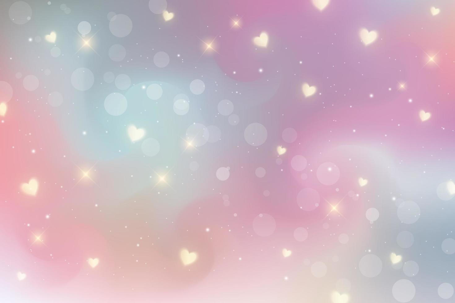 fundo de fantasia de arco-íris. céu multicolorido brilhante com corações, estrelas e bokeh. ilustração holográfica em cores pastel violeta e rosa. papel de parede feminino bonito dos desenhos animados. vetor. vetor