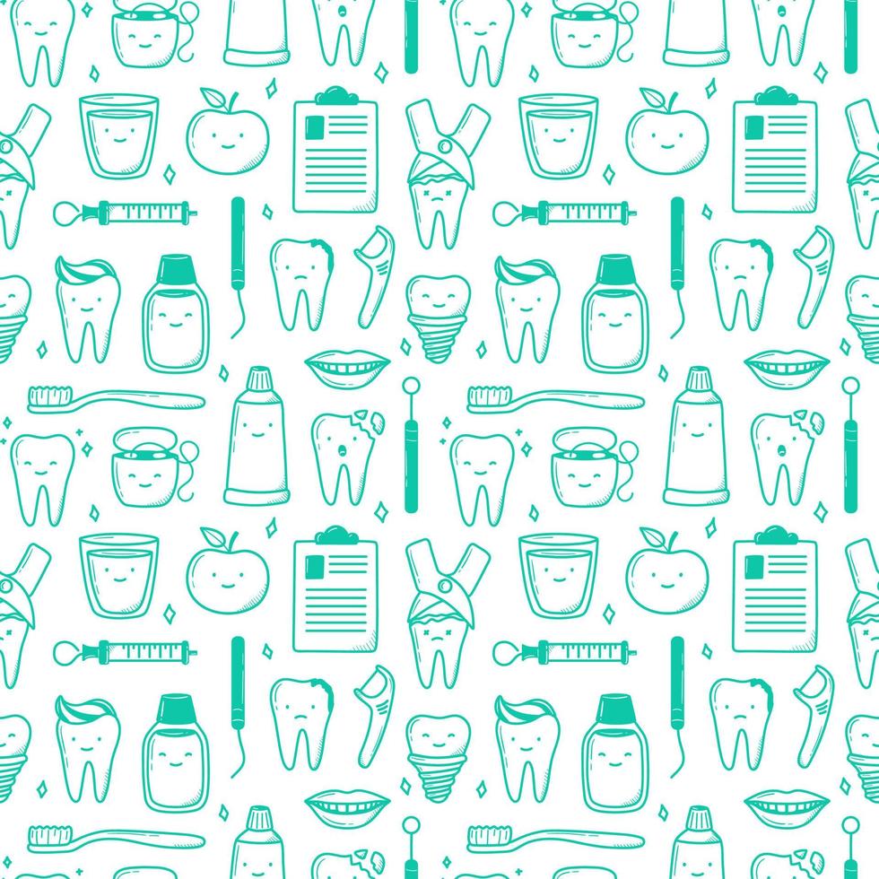 padrão de dentes kawaii desenhados à mão em estilo doodle. ilustrações simples lineares fofas. vetor