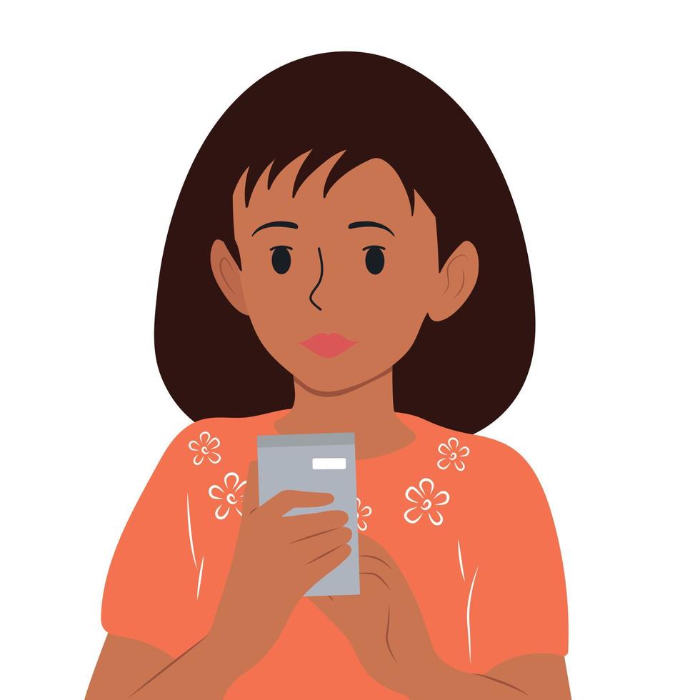 a garota está segurando um telefone, uma chamada ou uma mensagem nas mãos dela. ilustração em vetor plana.
