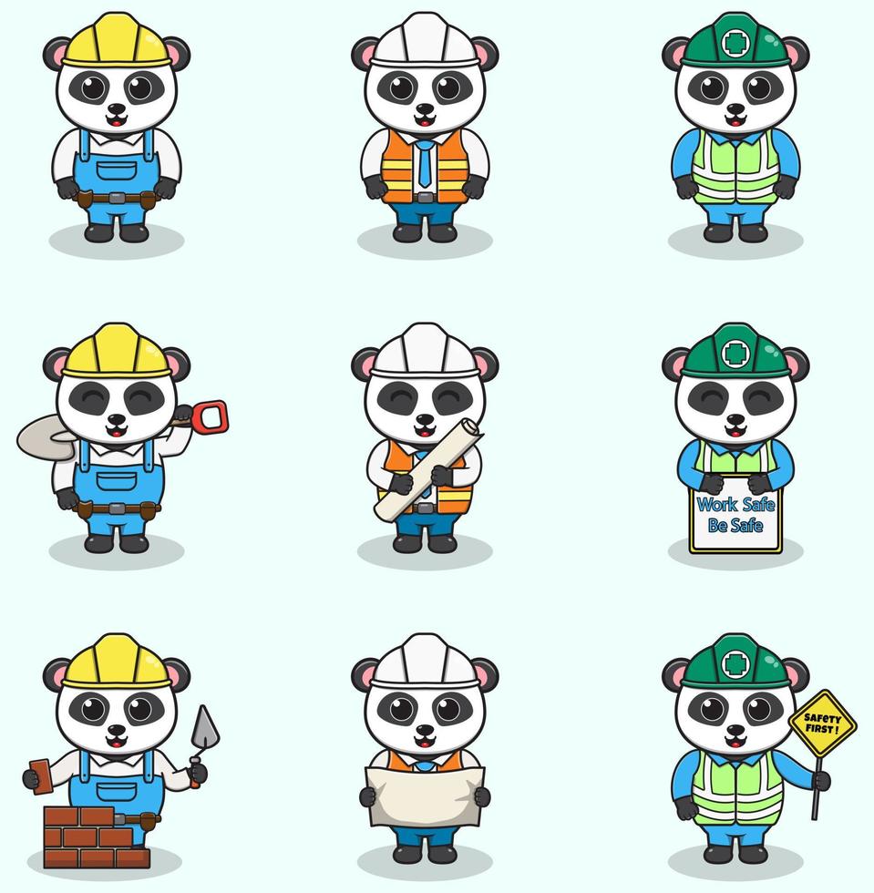 ilustração em vetor de trabalhador panda, construtor, desenho animado trabalhador. Trabalhadores de engenheiros de panda fofos, personagens de construtores isolaram a ilustração dos desenhos animados. ilustração vetorial em fundo branco