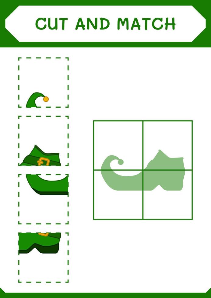 cortar e combinar partes da bota de duende, jogo para crianças. ilustração vetorial, planilha para impressão vetor