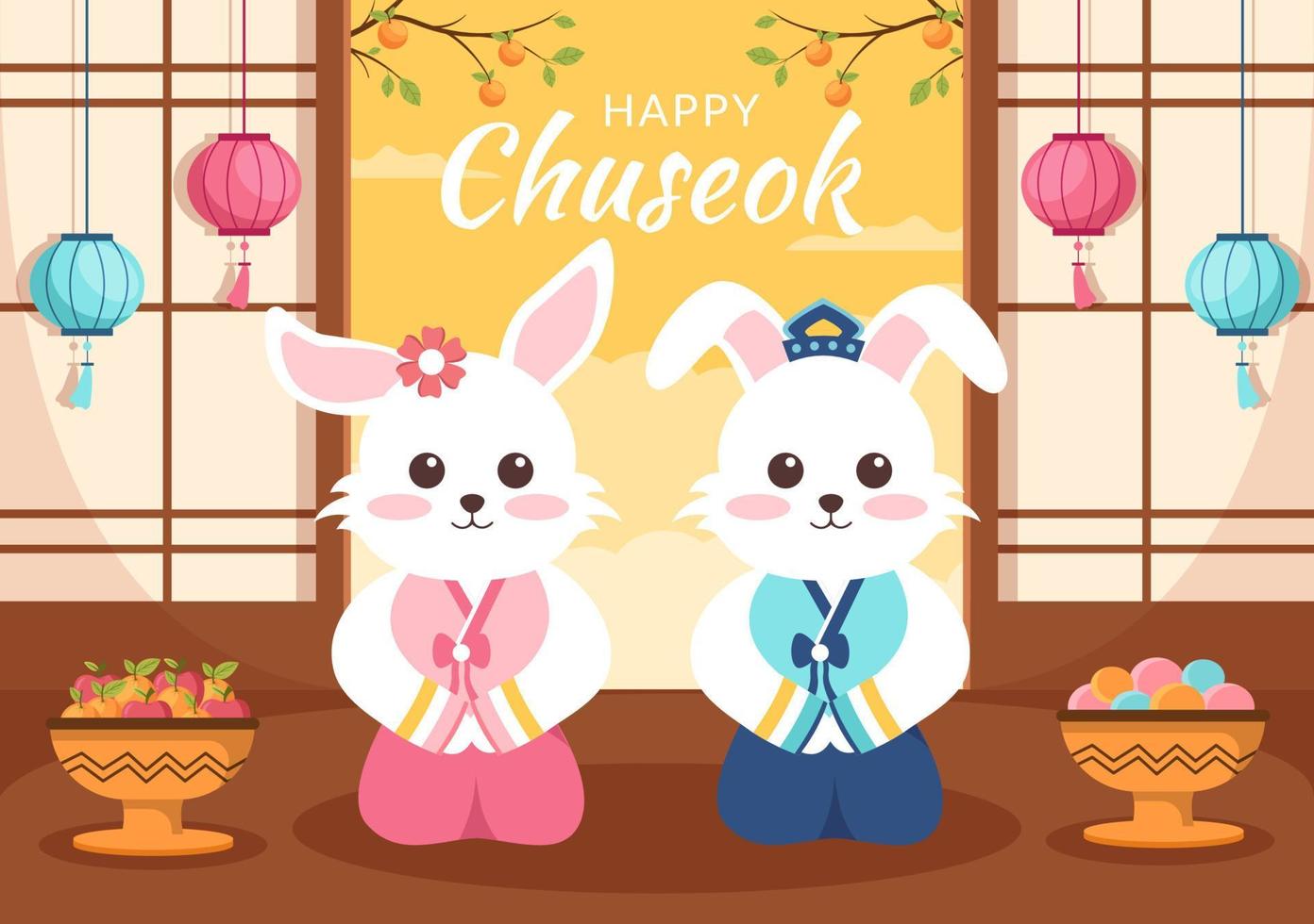feliz dia de chuseok na coreia para ação de graças com personagem de coelho fofo no tradicional hanbok, lua cheia e paisagem do céu em ilustração plana dos desenhos animados vetor