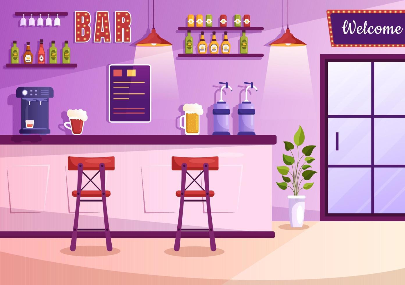 bar ou pub à noite com garrafas de bebidas alcoólicas, barman, mesa, interior e cadeiras na sala interior em ilustração plana dos desenhos animados vetor