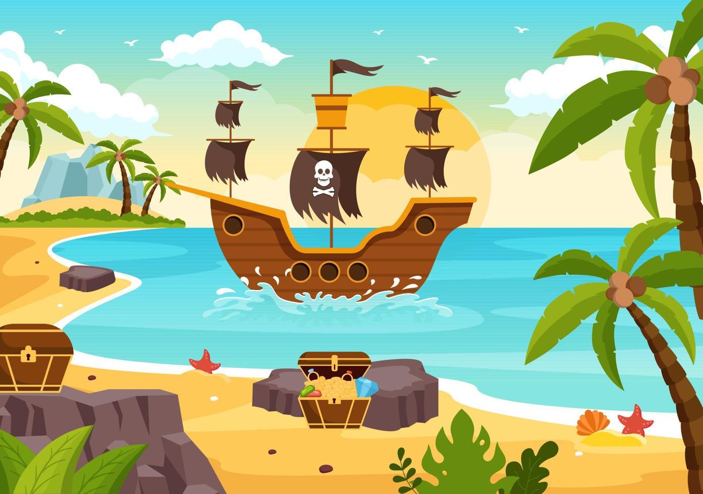 ilustração de personagem de desenho animado pirata bonito com roda de madeira, peito, caribe vintage, piratas e jolly roger no navio no mar ou ilha vetor