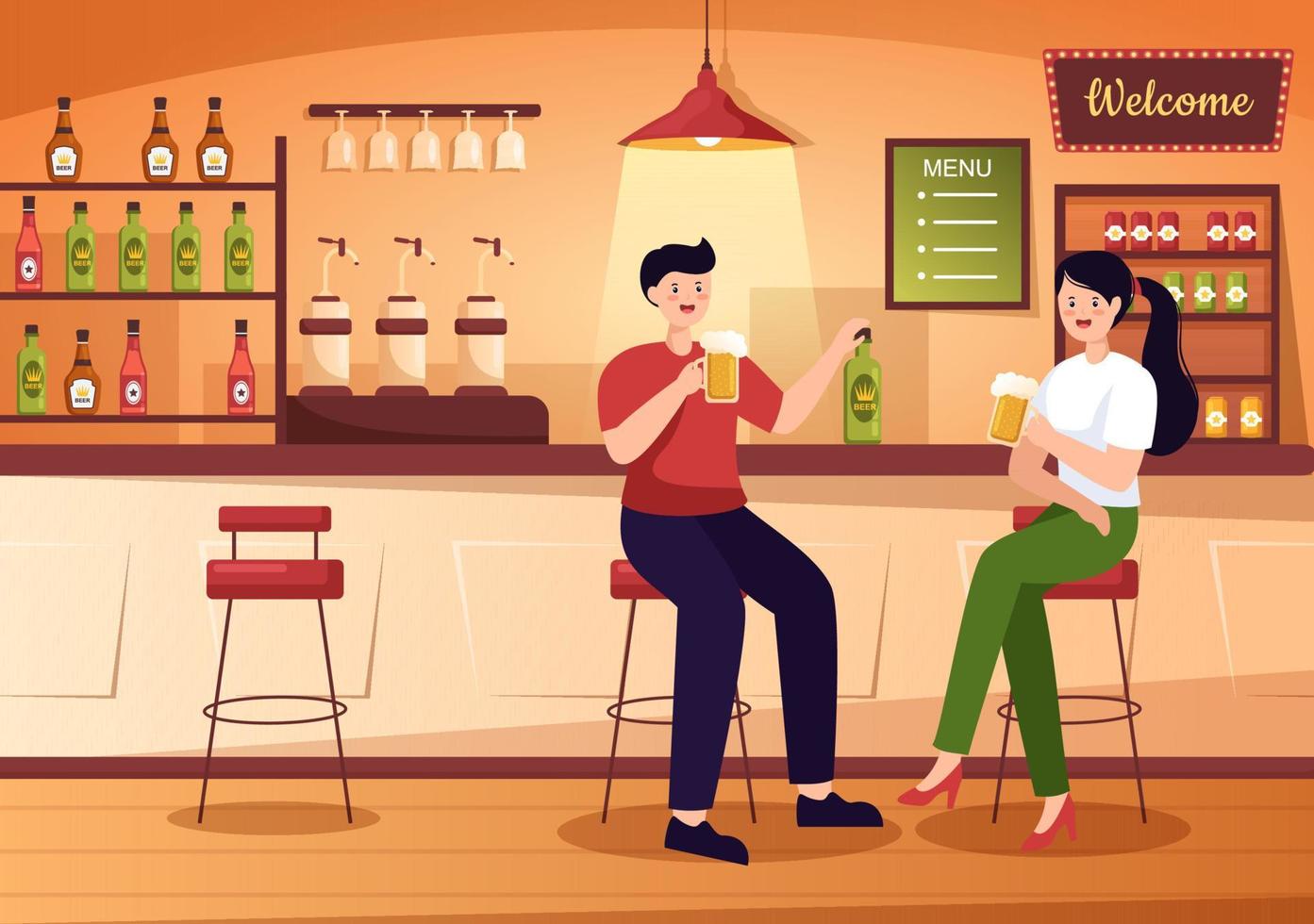 bar ou pub à noite com garrafas de bebidas alcoólicas, barman, mesa, interior e cadeiras na sala interior em ilustração plana dos desenhos animados vetor