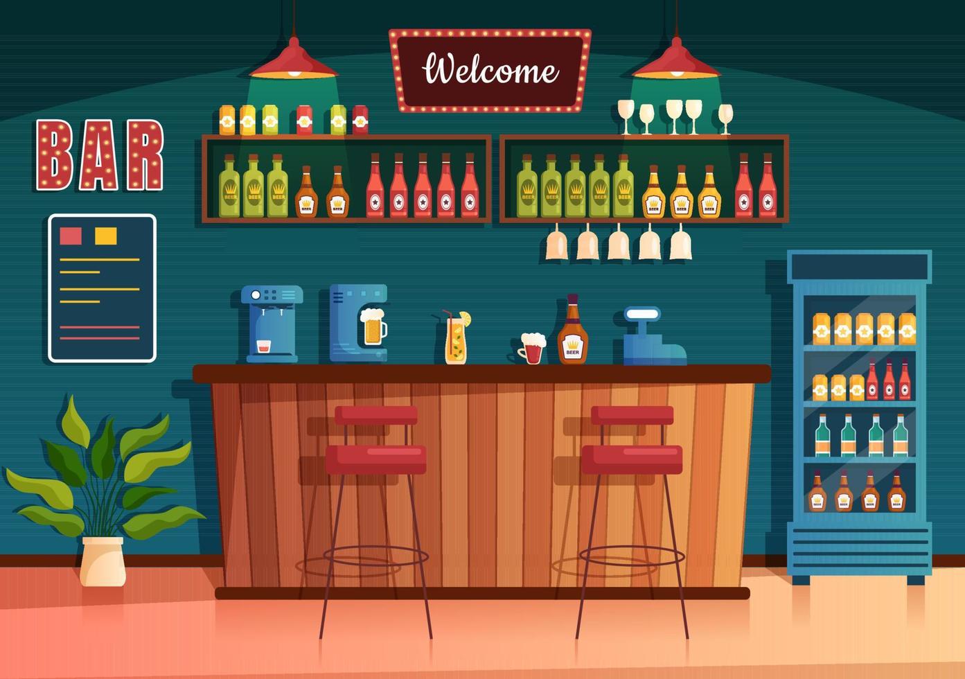 bar ou pub à noite com garrafas de bebidas alcoólicas, barman, mesa, interior e cadeiras na sala interior em ilustração plana dos desenhos animados vetor