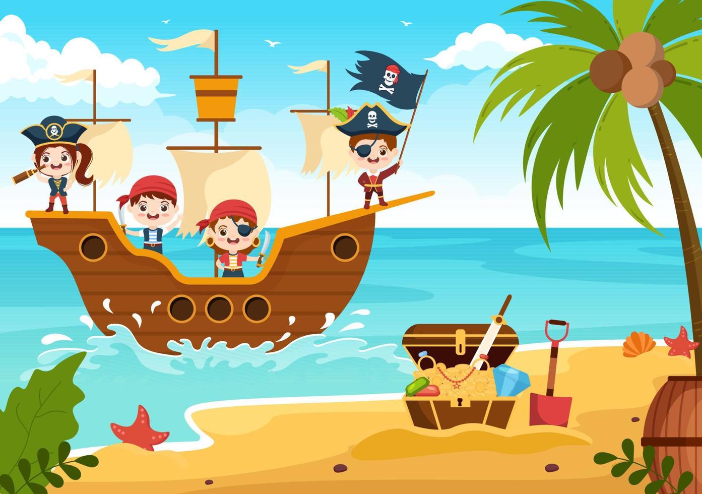 ilustração de personagem de desenho animado pirata bonito com roda de madeira, peito, caribe vintage, piratas e jolly roger no navio no mar ou ilha vetor